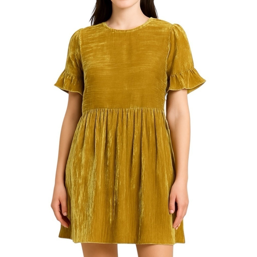 Melloday x Nordstrom Gold Velvet Ruffle Sleeve Mini Dress S NWT Crinkled Mustard